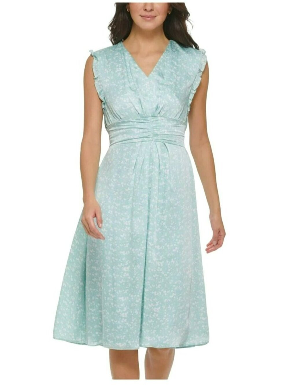 DKNY Size 10 Midi Dress Floral Turquoise Blue Summer Travel Ruched Sleeveless NW